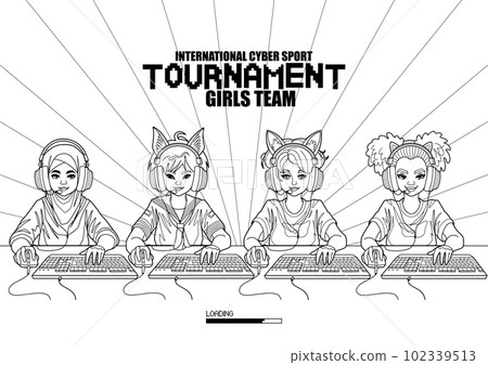 Diverse team of girls gamer or streamer with cat ears headset sits in front of a computers Diverse team of girls gamer or streamer with cat ears headset sits in front of a computers 102339513