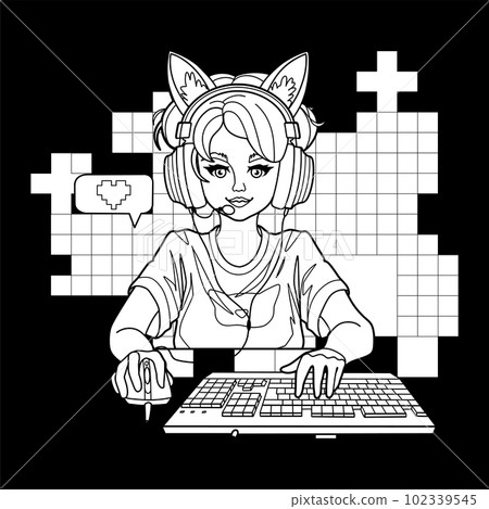 Girl gamer or streamer with cat ears headset sits in front of a computer 102339545