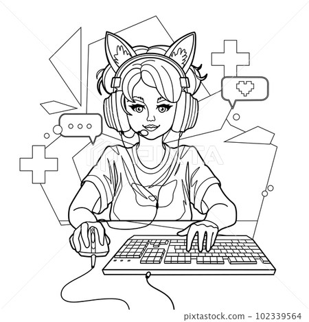 Cute girl gamer or streamer with cat ears headset sits in front of a computer Cute girl gamer or streamer with cat ears headset sits in front of a computer 102339564