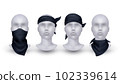 Bandana set. Realistic buff and scarf on mannequin. Face mask mockup on head or neck, black handkerchief for gangster or biker man. Different wearing options. Modern accessory  exact template 102339614