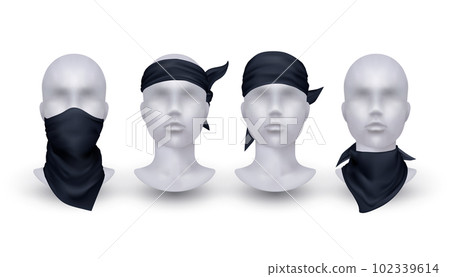 Bandana set. Realistic buff and scarf on mannequin. Face mask mockup on head or neck, black handkerchief for gangster or biker man. Different wearing options. Modern accessory  exact template 102339614