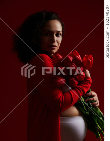 Authentic portrait of adult pregnant woman holding a bouquet of tulips, looking confidently at camera, isolated on dark background. Pregnancy fashion. Maternity concept. Happy Mother's, Women's Day Authentic portrait of adult pregnant woman holding a bouquet of tulips, looking confidently at camera, isolated on dark background. Pregnancy fashion. Maternity concept. Happy Mother's, Women's Day 102340207