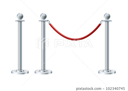 Retractable belt rack. Portable tape barrier. Red carpet with red ropes on silver stanchions. Exclusive event, movie premiere, gala, ceremony, awards concept. Vector Retractable belt rack. Portable tape barrier. Red carpet with red ropes on silver stanchions. Exclusive event, movie premiere, gala, ceremony, awards concept. Vector 102340745