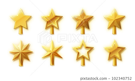 Christmas gold tree topper vector. 3d realistic golden star decoration in deco style, decorative traditional shiny design for top of Xmas pine tree in winter season isolated on white. Christmas gold tree topper vector. 3d realistic golden star decoration in deco style, decorative traditional shiny design for top of Xmas pine tree in winter season isolated on white. 102340752