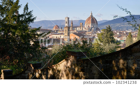 View of the old city of Florence from Giardino delle Rose on a sunny evening View of the old city of Florence from Giardino delle Rose on a sunny evening 102341238