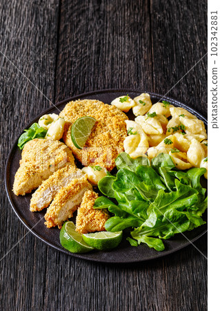 breaded chicken fillet with alfredo pasta shells breaded chicken fillet with alfredo pasta shells 102342881