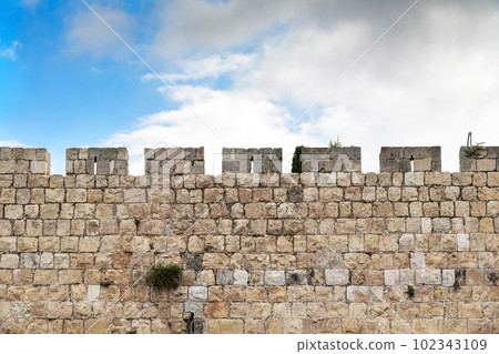 Fragment of the upper part of the fortress wall of Jerusalem Old City 102343109