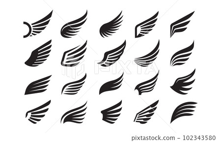 Wings icons. Angel bird eagle wing and feather emblem, simple hawk silhouette heraldic symbol. Minimal dove freedom vintage tattoo vector set Wings icons. Angel bird eagle wing and feather emblem, simple hawk silhouette heraldic symbol. Minimal dove freedom vintage tattoo vector set 102343580