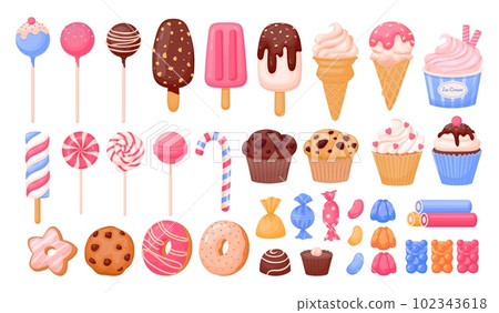 Cartoon sweets. Sweet dessert, candy, cute cake, lollipop, chocolate, sugar pastry, ice cream, donut, caramel, colorful bakery, bear dragee. Vector set 102343618