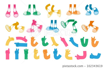 Cartoon hands and leg. Retro color comic leg in sneakers, mascot arm and hand, feet in trainers walking, expression pose, cute doodle gesture. Vector set 102343619