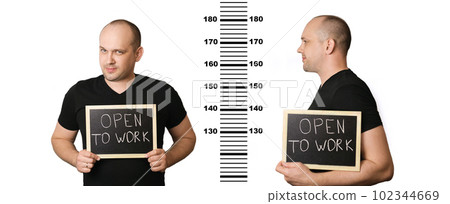 Young man in search of work holds a sign with the inscription "open to work" against background of prison height meter. Creative photo of the concept of unemployment. Comic representation of criminals Young man in search of work holds a sign with the inscription "open to work" against background of prison height meter. Creative photo of the concept of unemployment. Comic representation of criminals 102344669