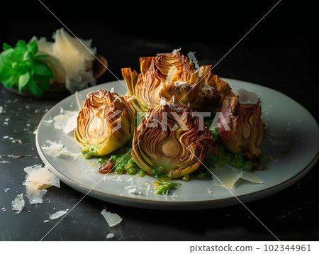 Artichokes smoked vegetable salsa pecorino kuznya hous, AI generated, AI generativ. Artichokes smoked vegetable salsa pecorino kuznya hous, AI generated, AI generativ. 102344961