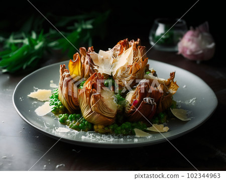 Artichokes smoked vegetable salsa pecorino kuznya hous, AI generated, AI generativ. Artichokes smoked vegetable salsa pecorino kuznya hous, AI generated, AI generativ. 102344963