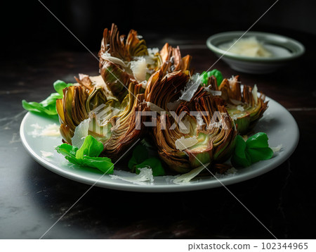Artichokes smoked vegetable salsa pecorino kuznya hous, AI generated, AI generativ. Artichokes smoked vegetable salsa pecorino kuznya hous, AI generated, AI generativ. 102344965