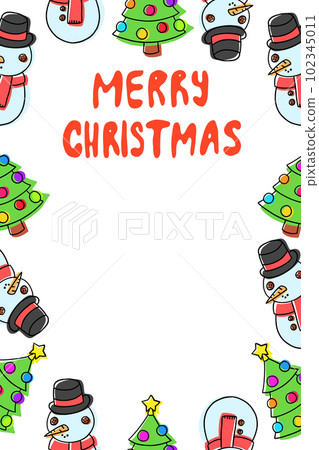 Christmas Card Template with trees and snowmans in flat style. Merry Xmas. 102345011