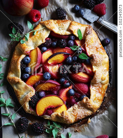 Summer berry and peach galette, AI generated, AI generativ. Summer berry and peach galette, AI generated, AI generativ. 102345073