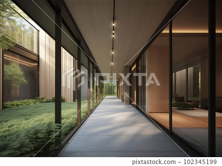 A long hallway leading to the outside of a house in residential area, AI generated, AI generativ. 102345199