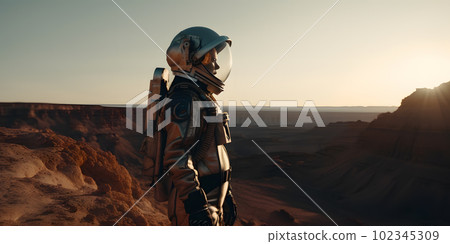 A woman astronaut in a space suit and a helmet on the planet Mars looks into the Martian sky, AI generated, AI generativ. 102345309