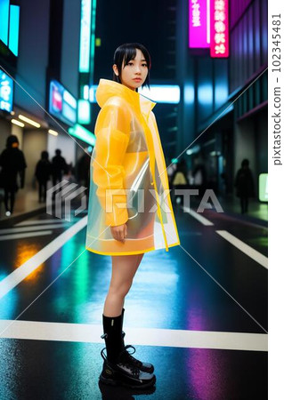 Wearing transparent with raincoat cyborg parts in rainy Neo Tokio photo shoot cyberpunk, AI generated, AI generativ. 102345481