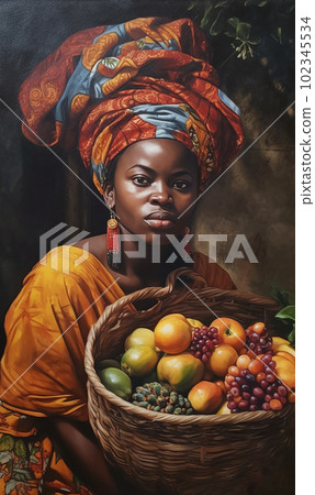 A painting of a woman with a basket of fruit on her head an oil on canvas painting, AI generated, AI generativ. 102345534