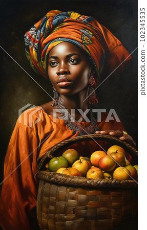 A painting of a woman with a basket of fruit on her head an oil on canvas painting, AI generated, AI generativ. 102345535