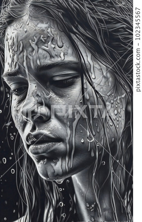Black and white drawing of a woman's face on detailed drawing, AI generated, AI generativ. 102345567