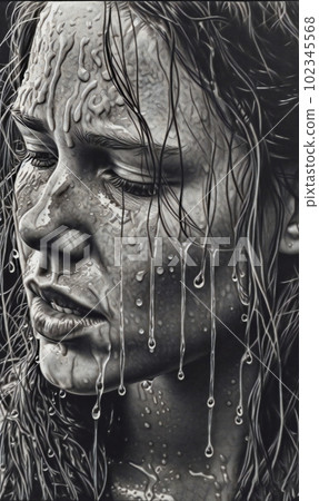 Black and white drawing of a woman's face on detailed drawing, AI generated, AI generativ. 102345568