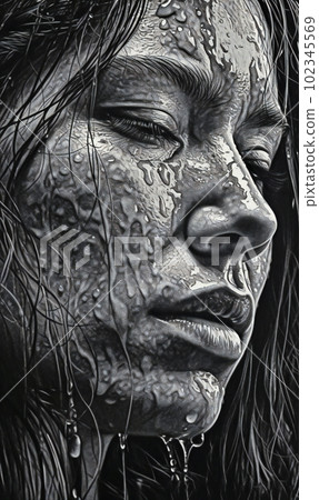 Black and white drawing of a woman's face on detailed drawing, AI generated, AI generativ. 102345569
