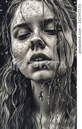 Black and white drawing of a woman's face on detailed drawing, AI generated, AI generativ. 102345570