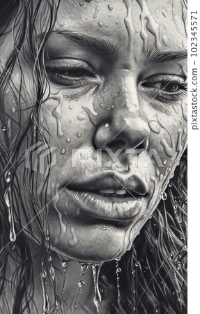 Black and white drawing of a woman's face on detailed drawing, AI generated, AI generativ. 102345571