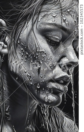 Black and white drawing of a woman's face on detailed drawing, AI generated, AI generativ. 102345573