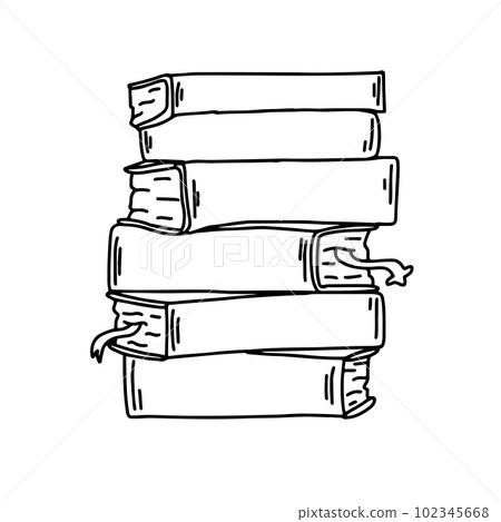 A stack of books in cartoon outline doodle style. Reading books in library. Bookstore logo. 102345668