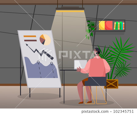 Woman prepares a progress report. Female character sitting at a table with a laptop at a later time Woman prepares a progress report. Female character sitting at a table with a laptop at a later time 102345751