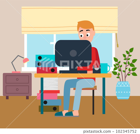 Man in casual outfit and slippers sitting home on chair and browsing or working on computer Man in casual outfit and slippers sitting home on chair and browsing or working on computer 102345752