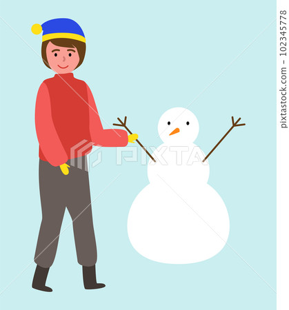 Illustration of a little boy near a snowman on a blue background. The child made the snowman Illustration of a little boy near a snowman on a blue background. The child made the snowman 102345778