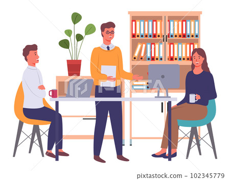 Businesspeople communicating, discuss a project. Colleagues meeting, working process in office room Businesspeople communicating, discuss a project. Colleagues meeting, working process in office room 102345779