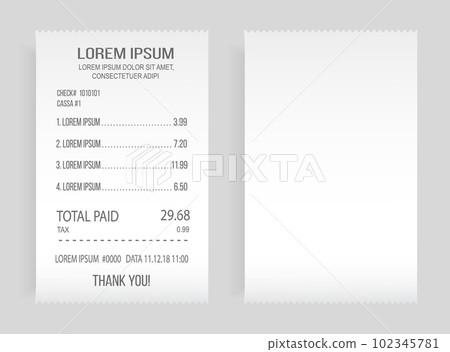 Payment check paper document. Buying financial invoice bill purchasing calculate pay vector isolated Payment check paper document. Buying financial invoice bill purchasing calculate pay vector isolated 102345781