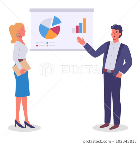 Businessmen give a presentation and show a diagram. Managers present a business plan illustration 102345813