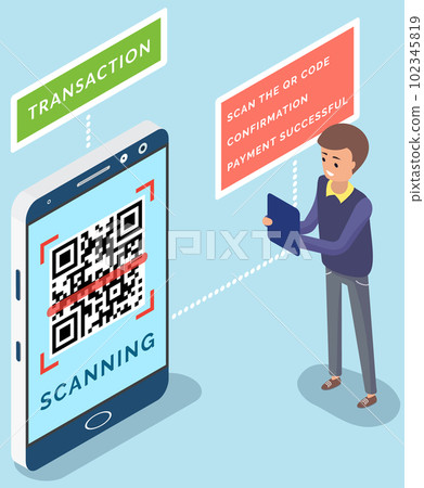 A man scanning qr code via mobile phone application. Customer makes paying with phone scanner 102345819