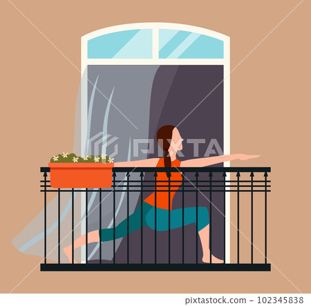 Woman doing yoga relaxation exercise on the balcony at home, taking care of her health and body 102345838