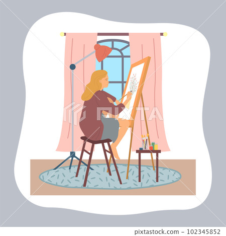 Woman drawing picture of vase with bouquet of flowers at board, easel, leisure time, hobby 102345852