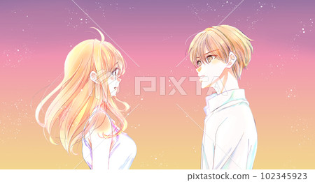 Male and female couples facing each other summer sunset Male and female couples facing each other summer sunset 102345923