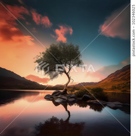 A lone tree sitting in the middle of a lake, AI... - Stock Illustration ...