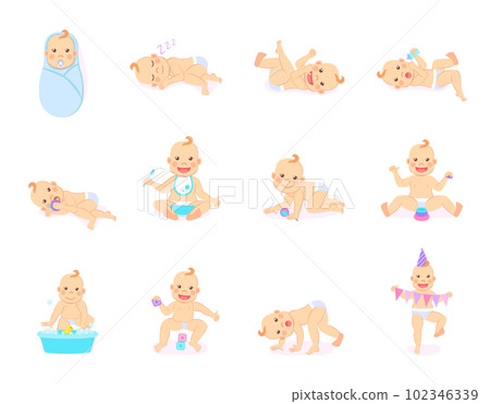 Cartoon Set with Cute Little Babies in Diaper 102346339