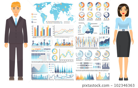 Business woman and man in office suits near graphics, diagrams, charts, data analytics, schedules 102346363