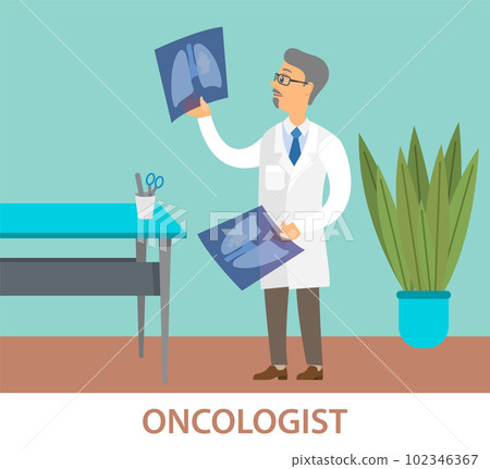 Professional oncologist male character doctor in white coat. Doctor examining a lung radiography Professional oncologist male character doctor in white coat. Doctor examining a lung radiography 102346367