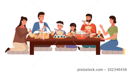Relatives eating Japanese food. People in national oriental costumes isolated on white background Relatives eating Japanese food. People in national oriental costumes isolated on white background 102346436