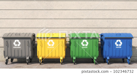 Garbage containers with separated garbage on a street. Trash bins for plastic, glass, paper and organic. Segregate waste and garbage recycling concept 102346732