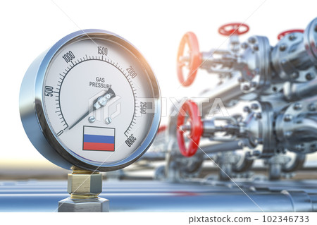 Gas pipeline with gauge with Russia flag  and zero pression.. Energy crisis and sactions concept. 102346733