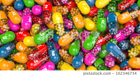 Pile of various vitamin capsules. Dietary and nutritional supplemets for healthy eating. Pile of various vitamin capsules. Dietary and nutritional supplemets for healthy eating. 102346734